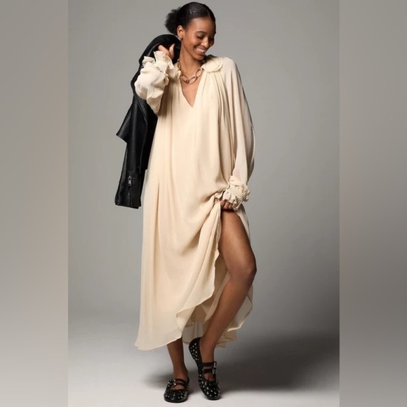 By ANTHROPOLOGIE / NWT Long-Sleeve Sheer Pleated Midi Dress cream XS - Picture 1 of 5